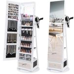 CHARMAID 360° Swivel Jewelry Cabinet Armoire with 64.5" H Full Length Mirror, 6 LEDs Lockable Jewelry Organizer, Rear Storage Shelves, Large Bottom Drawer, Hairdryer Holder (White)