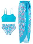 ESHOO Girls Swimsuits 3 Piece Bikinis Sets with Cover Up Skirt Wrap Bathing Suit Kids Summer Beach Swimwear for Teen Girls