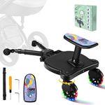 BugyKido Universal Buggy Board, Kiddy Board with LED Flashing Wheels, Buggy Board with Patterned Seat, Compatible with Over 99% of Pushchairs, Pram Standing Board for Children from 2-6 Years(55lbs)