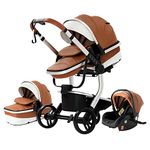 Magic ZC PU Leather 3 in 1 Pushchair Pram Travel System, Baby Stroller 3 in 1 with Reversible Two Pushing Modes, Newborn Infant Carriage One-Click Folding, Toddler Buggy Aluminum Frame (Khaki 518)