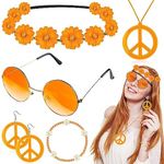 mefound 6 Pcs Hippie Costume Accessories Set,60s 70s Hippy Dressing Accessory Women Supplies Fancy Glasses Peace Sign Necklace Earrings wristband and Hippie Headband