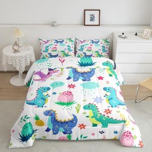Cartoon Dinosaur Bedding Set Full Size, Blue Green Cute Dinos Comforter Kids Toddler Lovely Cute Animals Comforter Set Dinosaur Jungle Animals Duvet Set Full Size Microfiber Quilt Set