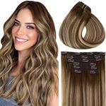 Vivien Clip in Hair Extensions Real Human Hair Balayage Human Hair Clip in Extensions Chocolate Brown Fading to Caramel Blonde Hair Extensions Clip in Full Head 7pcs/120g #4/27/4 16 Inch