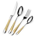 16 Piece Cutlery Set, Silver-Gold Stainless Steel Knife and Fork Sets Service for 4, Hammered Pattern Design Tableware with Forks/Spoons/Knives, Modern Silverware Set for Home/Restaurant/Party