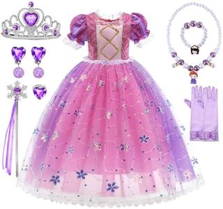 HOUSTAR Deguisement Princesse Fille, Raiponce Robe Princesse Fille avec Couronne Princesse Ensemble, Rapunzel Robe Princesse Carnaval Enfant, Sofia Costume Princesse pour Anniversaire Cosplay (120)