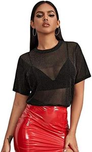 MakeMeChic Women's Summer Short Sleeve Tops See Through Mesh Sheer Sexy T Shirt Blouse B Black L