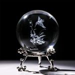 HDCRYSTALGIFTS 3D Hummingbird Crystal Ball Paperweight 60Mm(2.3Inch) Laser Engraved Glass Sphere Display Globe Meditation Ball Home Decor With Metal Stand