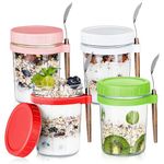 Overnight Oats Containers with Lids and Spoons, 12 oz Glass Mason Jars, Airtight Meal Prep Oatmeal Jars with Measurement Marks, Perfect for Cereal, Fruit, Yogurt, Salad, and Snacks (4-Pack)