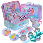 Jewelkeeper 15 Piece Kids Party Tin Tea Set for Toddlers - Kids Pretend Toy Tin Tea Set and Carrying Case - Rainbow Mermaid play tea set for girls - toy tea sets for toddlers