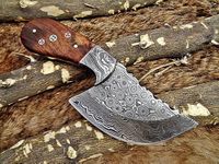 7" Skeleton cleaver, Hand Forged Damascus Steel wide blade skinning Knife with 3.5" cutting edge, Scale is equipped with Mosaic pin and Damascus Bolster, Cow Hide leather sheath included (Brown)