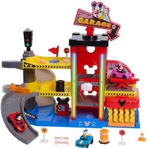 Disney Junior Mickey Mouse Ready to Race Garage, Lights and Sounds, 19-Piece Vehicle Playset, Kids Toys for Ages 3 Up by Just Play