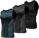 Odoland 3 Pack Men Compression Shirt, Tummy Control Slimming Undershirt Tank Top Men,Line Grey/Line Blue/Black,XXXL