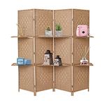 INMOZATA Room Divider with Shelves, 4 Panel Wicker Room Divider Free Standing, Folding Screens and Room Dividers Screen Privacy Panel for Office Bedroom Restaurant, 160 * 170cm (Natural)