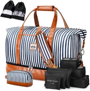 Lekebobor Travel Duffel Bag Sport Gym Bag with Toiletry Bag & 6Pcs Storage Bag, Weekender Overnight Bag for Women Carry on Bag Hospital Bag with Shoe Compartment, 50L, Striped