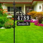 Yard Sign [Custom House Address Numbers plaque handcrafted by Address America] 48" Superb Home sign with holder and hanging street/family name plate [Highway-grade Reflective Vinyl] Black