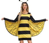 Women Halloween Adult Party Cosplay Shirt Dresses Scoop Neck Bee Wings Cold Shoulder Costume Bee L