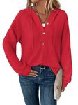 RIROW Womens Tops Long Sleeve Shirt Waffle Henley Hoodies Drawstring Sweatshirt Raglan Sleeve Button Up Fall Winter Sweater 2024 New Red L