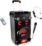 Pyle Outdoor Portable Wireless Bluetooth Karaoke PA Loud Speaker - 8'' Subwoofer Sound System with DJ Lights, Rechargeable Battery, FM Radio, USB/Micro SD Reader, Microphone, Remote, Black