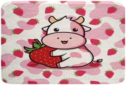 Feelyou Milk Cow Microfiber Bathroom Rugs Pink White Cow Strawberry Pattern Shaggy Absorbent Floor Mat Non Slip Bath Mat for Kawaii Milk Cow Print Bathroom Floor Indoor Doormat Room Decor 20"x32"