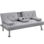 Yaheetech Fabric Click Clack Sofa Bed 3 Seater Sofa Couch Living Room/Spare Room/Guest Room Bed Settee with Cup Holders, Light Gray Fabric