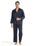 LilySilk Men's Silk Pajama Set 16 Momme 100% Silk Full Length Luxury Sleepwear L, Navy Blue