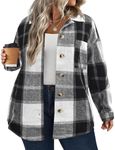 IN'VOLAND Women's Plus Size Plaid Shacket Long Sleeve Button Down Flannel Shirts Casual Jacket Coats Grey White