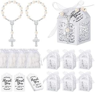 100 Pieces Baptism Favors Set Includes 25 Pieces Mini Rosary 25 Pieces Laser Cut Baptism Favor Boxes 25 Pieces White Organza Bags and 25 Pieces Thank You Tags for Party Wedding (Silver)