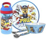 zak! PAW Patrol - 5-Piece Dinnerware Set - Durable Plastic & Stainless Steel - Includes Water Bottle, 8-Inch Plate, 6-Inch Bowl, Fork & Spoon - Suitable for Kids Ages 3+