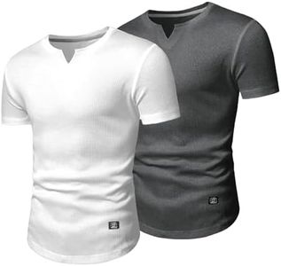 JMIERR Men's 2 Pack Muscle Slim Fit T-Shirt V Neck Hipster Longline Henley Shirt Short Sleeve Fitted Tees Shirts for Men, L