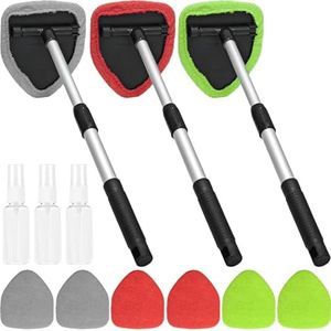 Beieverluck 3 Pieces Windshield Cleaning Tool Inside Car Window Cleaner Cleaning Tool with Extendable Handle, 9 Microfiber Pads and 3 Spray Bottles Car Auto Glass Wiper Kit