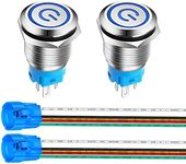 Gebildet 2 Pieces 0.63''/16mm Stainless Steel Latching Push Button Switch 12V-24V 5A Power Symbol LED 1NO1NC SPDT ON Off Waterproof Toggle Switch with Wire Socket Plug (Blue LED)