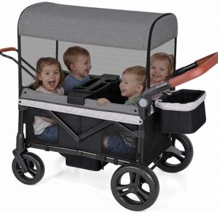 ELEMARA 4 Seater Wagon Stroller for Kids, Foldable Collapsible Wagon with Canopy & Mosquito Net, 200 Lbs Capacity Push Pull Wagon, All Terrain Camping Stroller for 4 Kids with Storage Basket &Tray