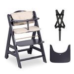 hauck Beta+, Dark Grey - Wooden High Chair Set from 6 Months to 90 kg - with Wheels, Seat Cushion, Wooden Tray & Bumper Bar, 5 Point Harness & Crotch Strap - Made from FSC Certified Beechwood