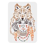 FINGERINSPIRE Wolf Girl Stencil 29.7x21cm Reusable Tribal Girl Craft Stencils Plastic PET Wolf Head Necklace Feather Drawing Stencil Wall Art Stencil for Painting on Fabric Tiles Floor