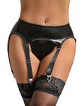 ohyeahlady 6 Strap PU Leather Suspender Belt and Thong Set High Waisted Vintage Garter Belt for Thigh High Stockings Plus Size Sexy Curvy Lingerie Set Black Size 10