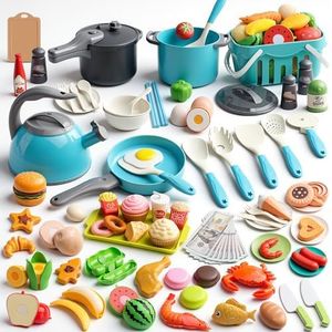 Funpynani 130Pcs Kitchen Playset, Toddler Pretend Cooking Play Pots, Pans, Utensils Cookware, Daily Food Fruit Veges, Shopping Storage Basket, Dessert, Prop Money, Learning Gift for Child (Turquoise)