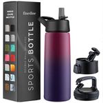 FineDine Water Bottle - Stainless Steel Insulated Water Bottle with Straw Lid, Flip Lid & Wide-Mouth Cap - Keeps Hot and Cold - 25 Oz / 739ml - Dreamy Purple