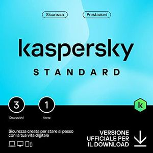 Kaspersky Standard Anti-Virus 2024 | 3 dispositivi | 1 anno | Sicurezza avanzata | Protezione delle operazioni bancarie online | Ottimizzazione delle prestazioni | PC/Mac/mobili | Attivazione e-mail