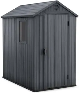 Keter Darwin 4 x 6 Foot Spacious Heavy Duty Storage Shed for Organizing Garden Accessories and Outdoor Tools with Lockable Door and High Ceiling, Gray
