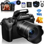 Digital Camera for Photography, 4k Video Camera, 64MP WiFi Vlogging Camera with Dual Camera, Portable Camera with Touch Screen and Flash, 3000mAH Battery, 4″Big Screen, Lens Hood, 32GB SD Card, Black