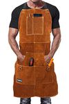 DIMWELD Welding Apron, Heavy Duty Workshop Apron for Welders and Blacksmiths, 6 Pockets, Light Brown, Cowhide Leather, One Size