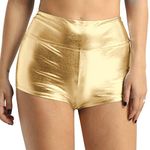 Agoky Women's Shiny Metallic Stretch High Waist Dance Booty Shorts Gym Yoga Hot Pants Swimsuit Gold Small