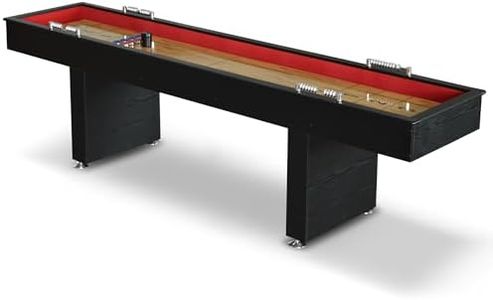 Hathaway Avenger 9 Ft Shuffleboard Table for Family Home Arcade Game Room - with Poly-Coated Playfield, Built-in Abacus Scorer, Padded Gutters, Leg Levelers, 8 Pucks, Brush & Wax - Black Wood Finish