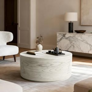 LIVILAND 27.6" Round Drum Coffee Table, MgO Outdoor Travertine Table