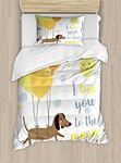 Ambesonne I Love You Duvet Cover Set Twin Size, Dog with Balloons and Concept Hearts Sun Clouds Puppy Best Friends, Decorative 2 Piece Bedding Set with 1 Pillow Sham, Yellow Cocoa Blue Grey,