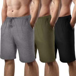 Bunnycool 3 Pack Men's Pajama Short Sleep Lounge Shorts Soft Pants Sleep Pj Bottoms Elastic Waist with Pockets for Men, Black, Dark Gray, Army Green, Large