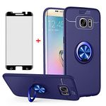 Phone Case for Samsung Galaxy S7 Edge with Tempered Glass Screen Protector Magnetic Ring Holder Stand Kickstand Slim Thin Accessories Full Body Silicone Glaxay 7s S 7 7edge GS7 G935A Women Blue