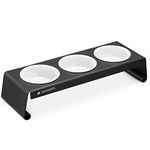 Navaris Pet Bowls with Stand - Raised Triple Dog Cat Food Bowl Station - Metal Feeder Holder with 3 Stoneware Dishes - For Cats Dogs Pets - Dark Grey