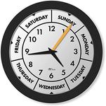 DayClocks Time & Week-Day Wall Clock with Solid Plastic Frame – Weekly Analog Clock with Days, Hours & Minutes – Quiet Wall Mounted Clock - Ideal Retirement Men & Women, Black, 12"