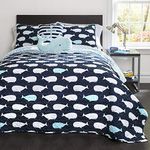 Lush Decor Whale Kids Reversible 4 Piece Quilt Bedding Set with Sham and Decorative Throw Pillows Twin Navy